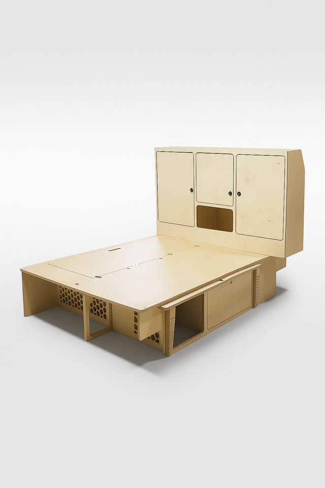 Overland Interiors Bed System with full-length sleeping platform for tall people and integrated overhead storage for low roof camper vans