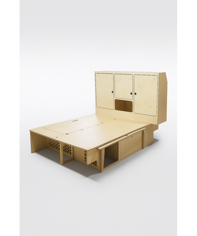 Overland Interiors Bed System with full-length sleeping platform for tall people and integrated overhead storage for low roof camper vans