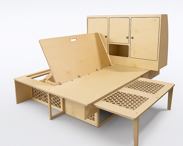 Overland Interiors Bed System for low roof vans designed for tall people with full-length sleeping platform and modular storage cabinets