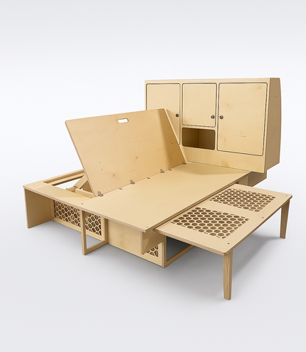 Overland Interiors Bed System for low roof vans designed for tall people with full-length sleeping platform and modular storage cabinets