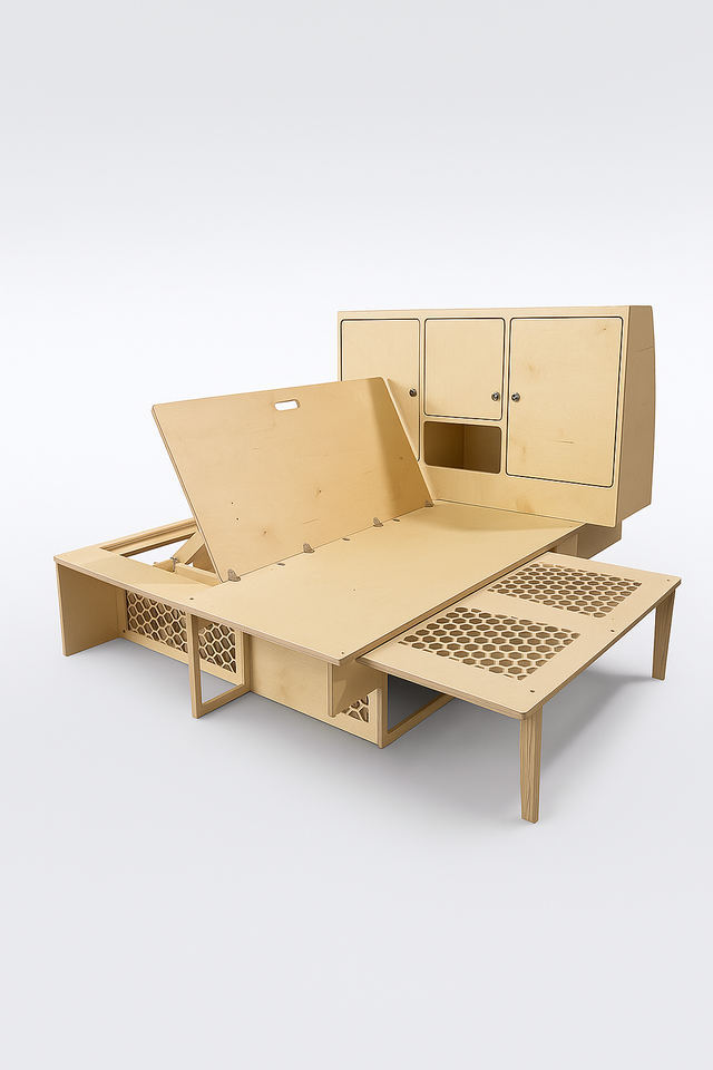 Overland Interiors Bed System for low roof vans designed for tall people with full-length sleeping platform and modular storage cabinets