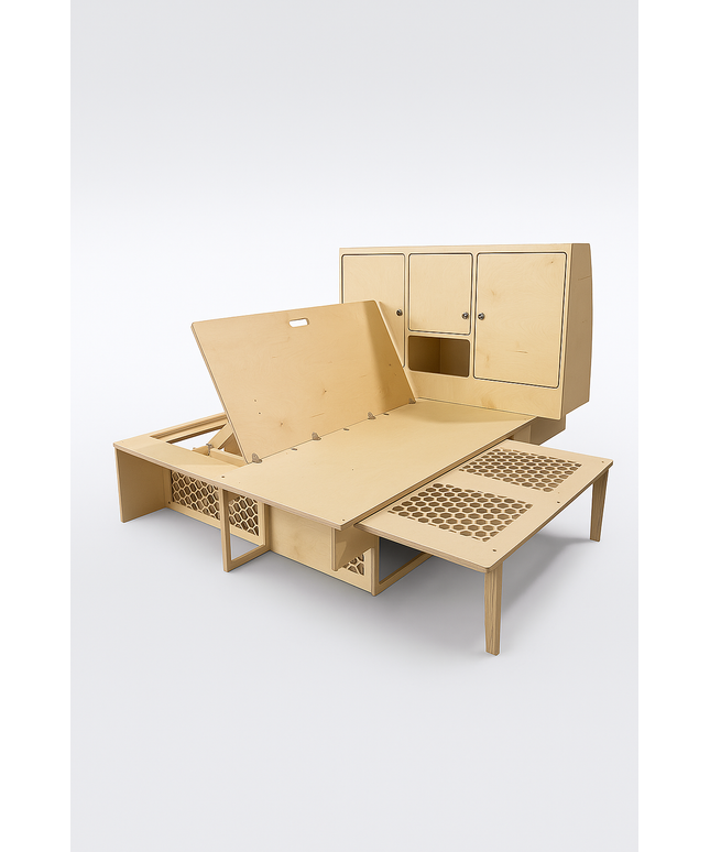 Overland Interiors Bed System for low roof vans designed for tall people with full-length sleeping platform and modular storage cabinets