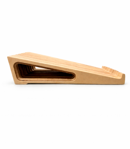 Profile view of a Baltic birch ergonomic wooden laptop stand by Overland Interiors