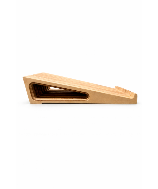 Profile view of a Baltic birch ergonomic wooden laptop stand by Overland Interiors