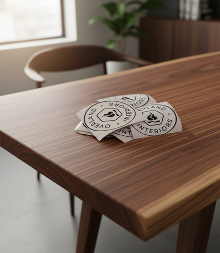 Four 'Overland Interiors' logo decal stickers placed on a walnut table top