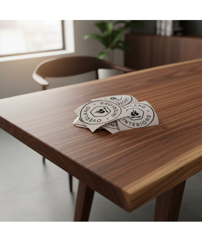 Four 'Overland Interiors' logo decal stickers placed on a walnut table top