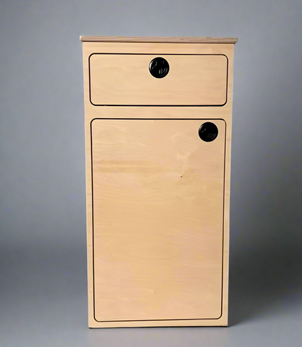 Camper van storage cabinet with integrated drawer and utility storage by Overland Interiors