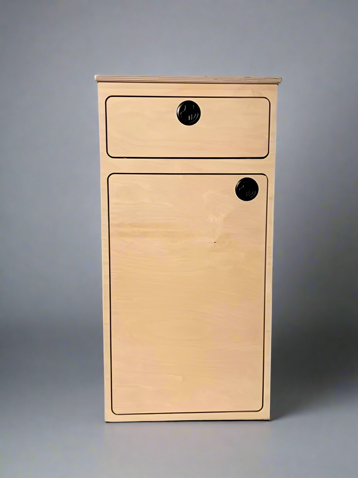 Camper van storage cabinet with integrated drawer and utility storage by Overland Interiors