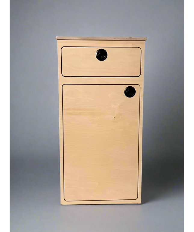 Camper van storage cabinet with integrated drawer and utility storage by Overland Interiors