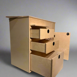 Camper van kitchen cabinet with open drawers and storage compartment by Overland Interiors