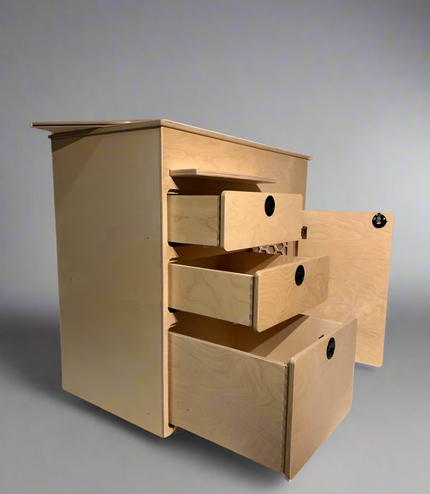 Camper van kitchen cabinet with open drawers and storage compartment by Overland Interiors