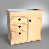 Full capacity camper van kitchen cabinet with sink, storage drawers, and cooktop space by Overland Interiors
