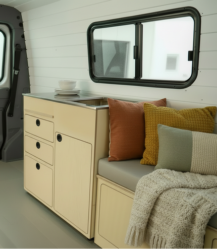 Full capacity camper van kitchenette with sink, water storage, drawers, and kitchen cabinet storage by Overland Interiors