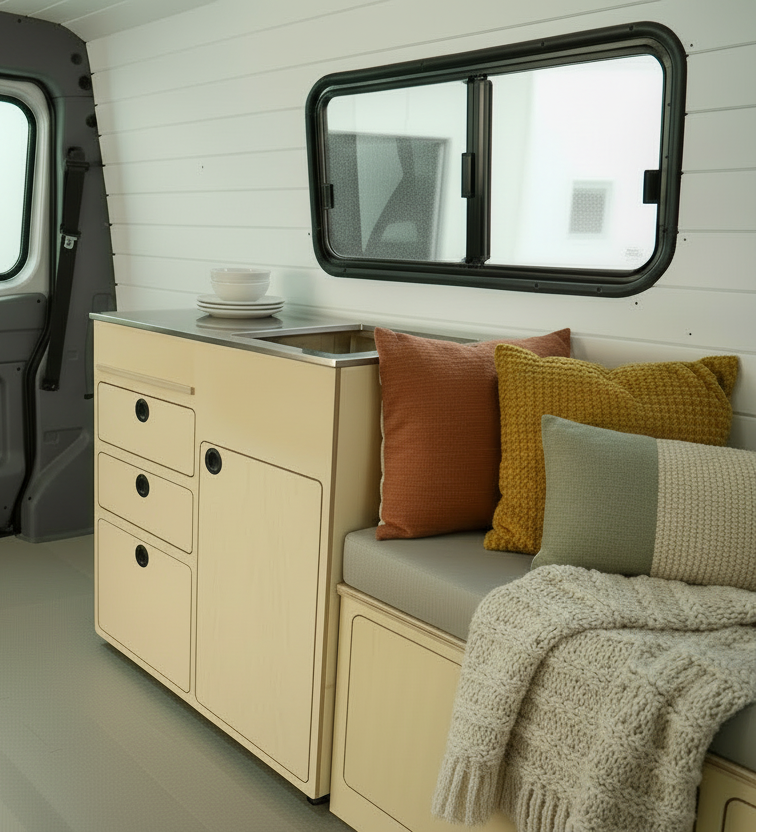 Full capacity camper van kitchenette with sink, water storage, drawers, and kitchen cabinet storage by Overland Interiors