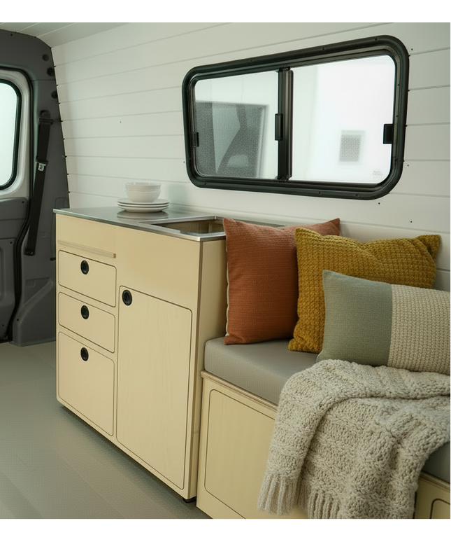 Full capacity camper van kitchenette with sink, water storage, drawers, and kitchen cabinet storage by Overland Interiors