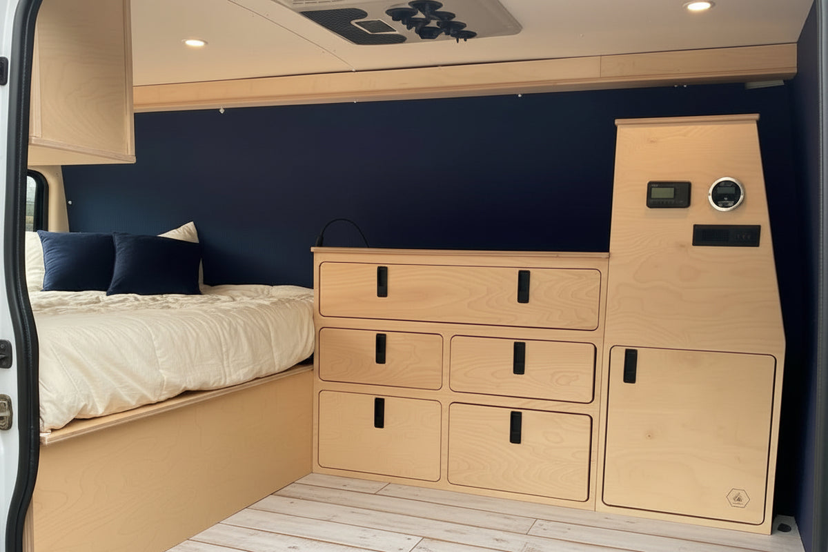 Overland Interiors camper van electrical utility cabinet with built-in power controls and storage for van conversions