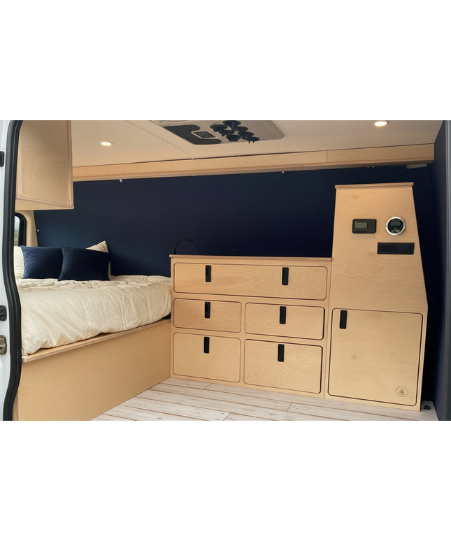 Overland Interiors camper van electrical utility cabinet with built-in power controls and storage for van conversions