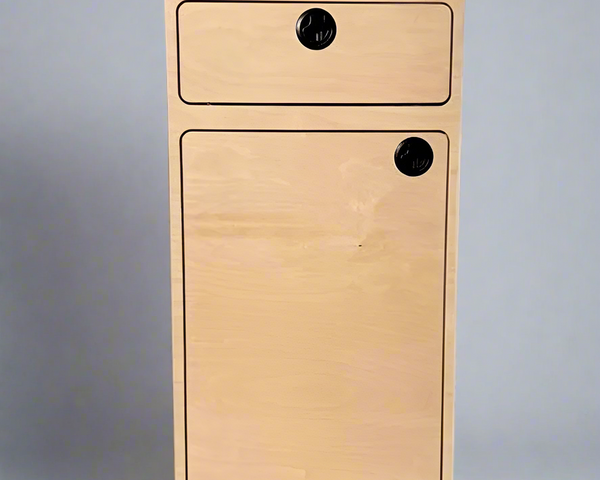 Camper van storage cabinet with integrated drawer and utility storage by Overland Interiors