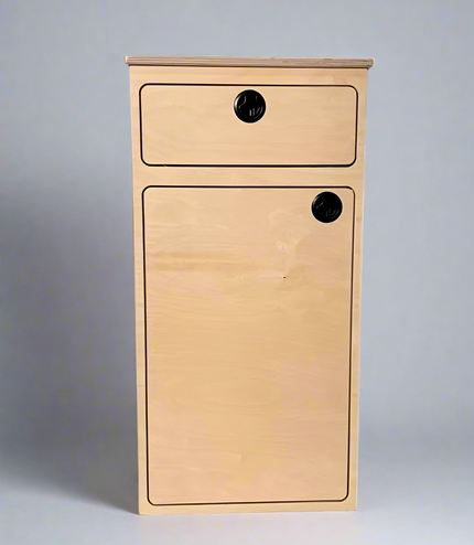 Camper van storage cabinet with integrated drawer and utility storage by Overland Interiors