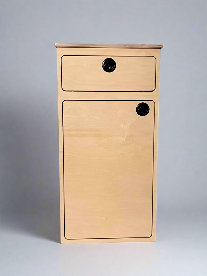 Camper van storage cabinet with integrated drawer and utility storage by Overland Interiors