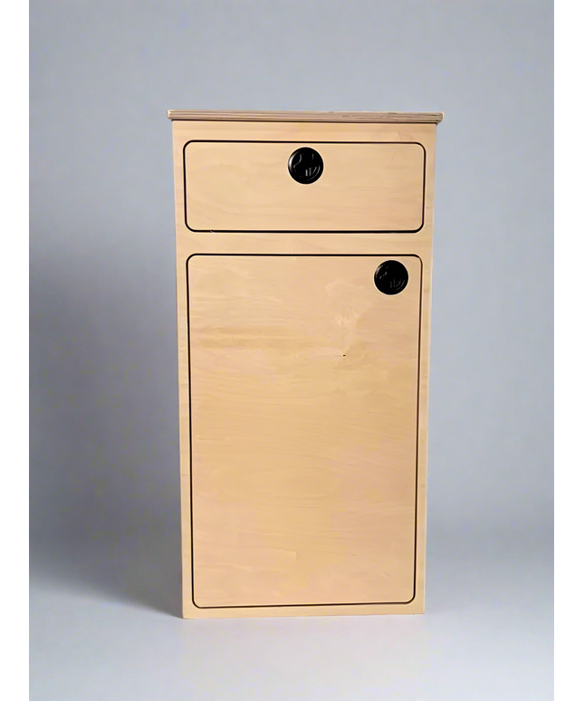 Camper van storage cabinet with integrated drawer and utility storage by Overland Interiors