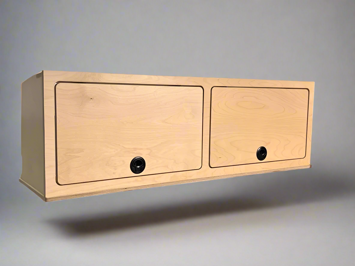Two-door upper cabinet for camper van storage and overhead organization by Overland Interiors