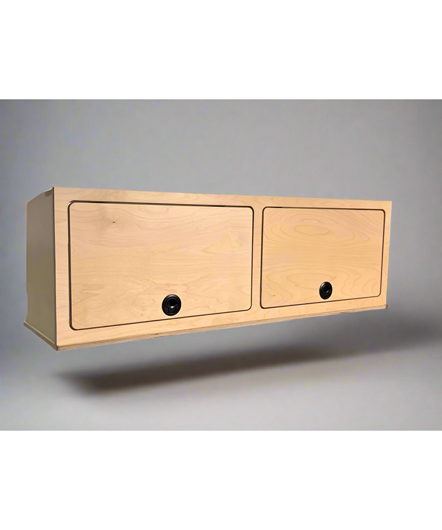Two-door upper cabinet for camper van storage and overhead organization by Overland Interiors