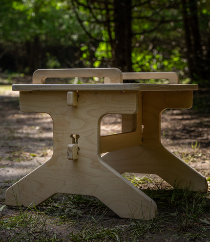 Assembled flat pack camper van step stool with tool-free interlocking design by Overland Interiors