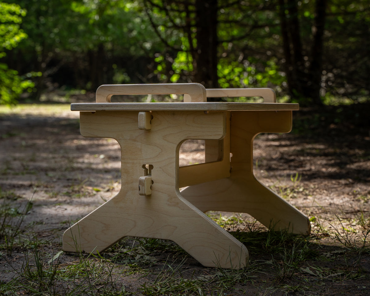 Assembled flat pack camper van step stool with tool-free interlocking design by Overland Interiors