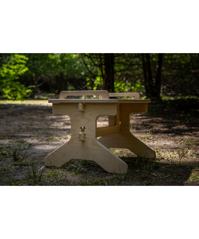 Assembled flat pack camper van step stool with tool-free interlocking design by Overland Interiors