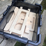Flat pack camper van step stool components with tool-free assembly and compact storage by Overland Interiors