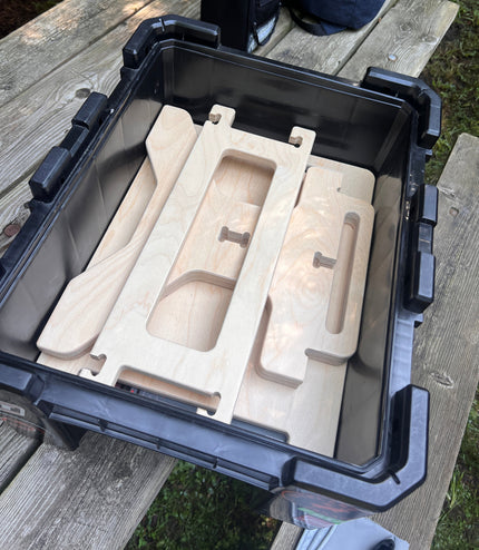 Flat pack camper van step stool components with tool-free assembly and compact storage by Overland Interiors