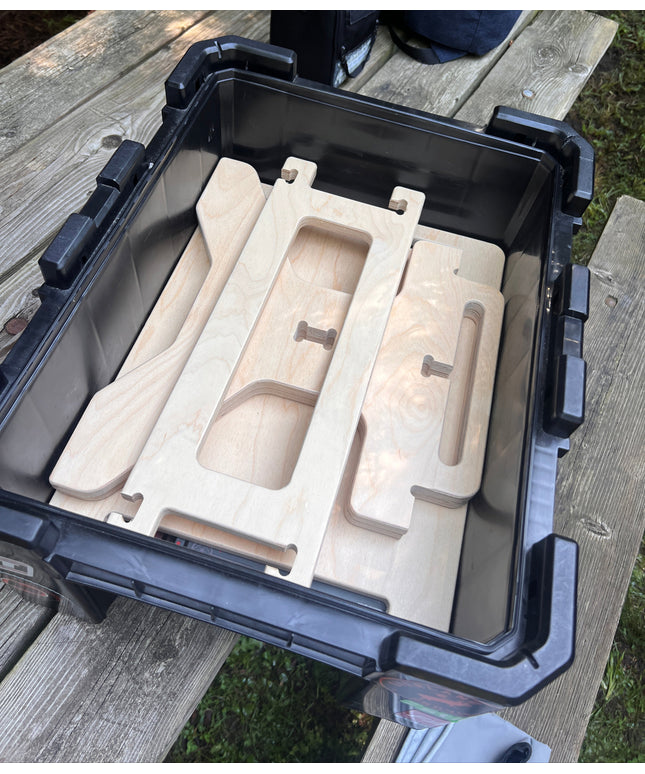 Flat pack camper van step stool components with tool-free assembly and compact storage by Overland Interiors