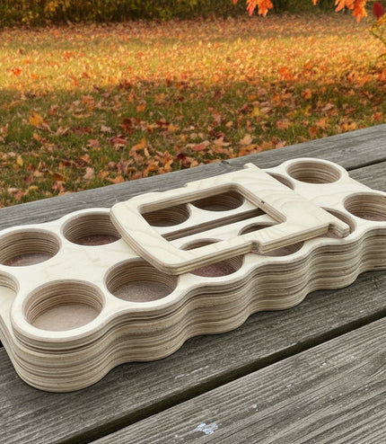Flat pack wooden 12-pack beverage carrier made from birch plywood by Overland Interiors.