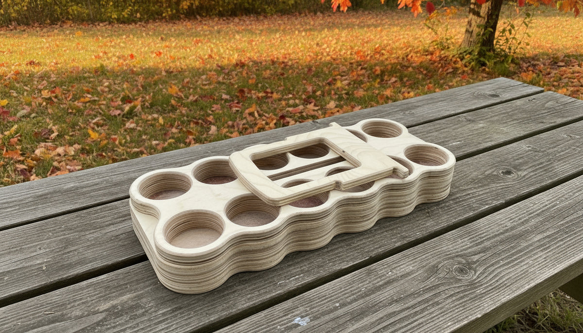 Flat pack wooden 12-pack beverage carrier made from birch plywood by Overland Interiors.