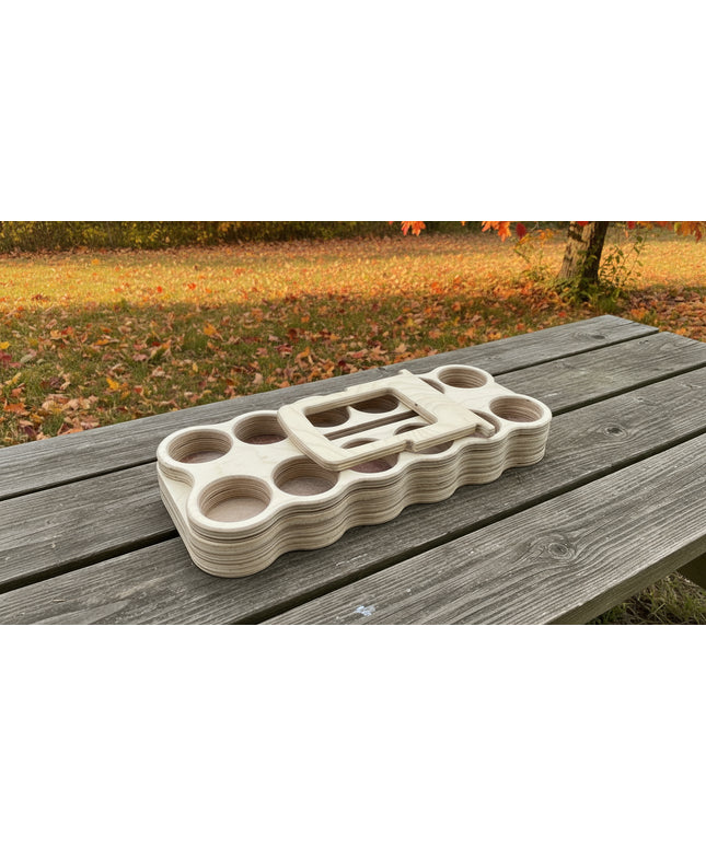 Flat pack wooden 12-pack beverage carrier made from birch plywood by Overland Interiors.