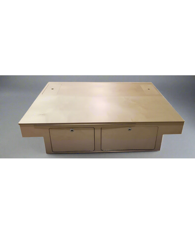 Low roof camper van bed platform with integrated storage drawers for modular van conversions by Overland Interiors