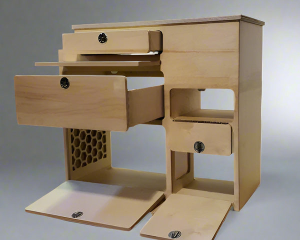 Micro camper van kitchen cabinet with open drawers, storage compartments, and utility access by Overland Interiors.