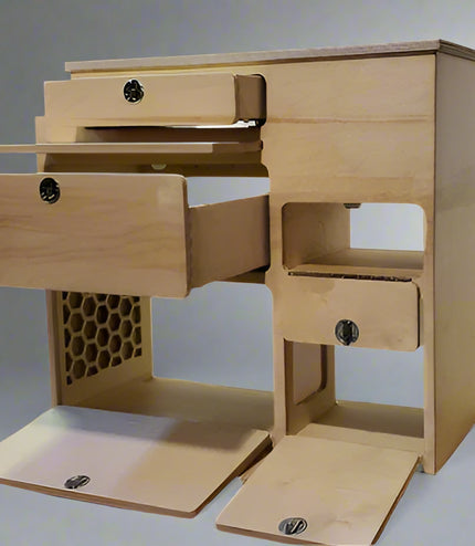 Micro camper van kitchen cabinet with open drawers, storage compartments, and utility access by Overland Interiors.