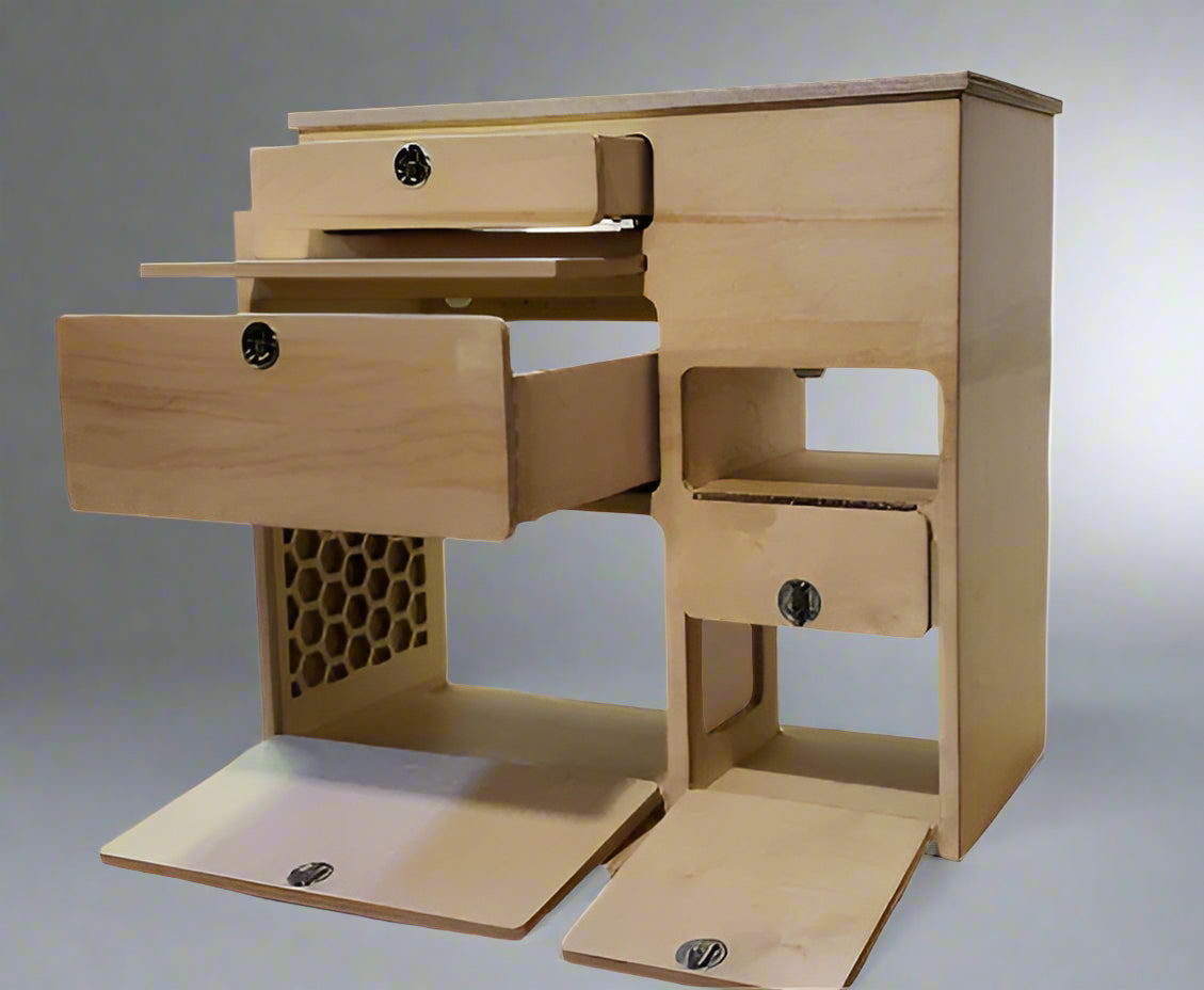 Micro camper van kitchen cabinet with open drawers, storage compartments, and utility access by Overland Interiors.