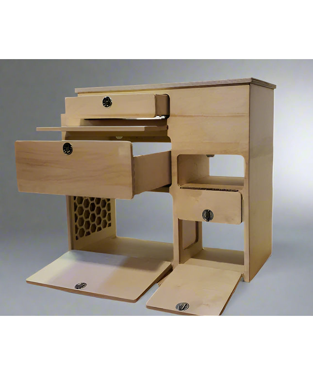 Micro camper van kitchen cabinet with open drawers, storage compartments, and utility access by Overland Interiors.