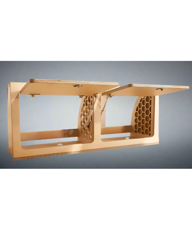 Modern upper storage cabinet with lift-up doors and honeycomb side panels for camper van and overland vehicle conversions by Overland Interiors