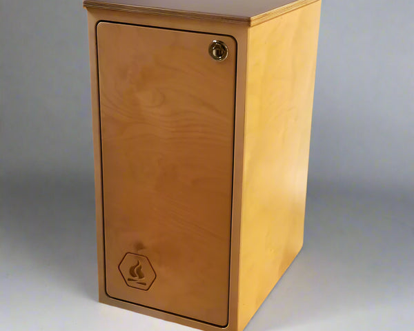 Side view of a modular single base cabinet with locking storage door for camper van and RV conversions by Overland Interiors.