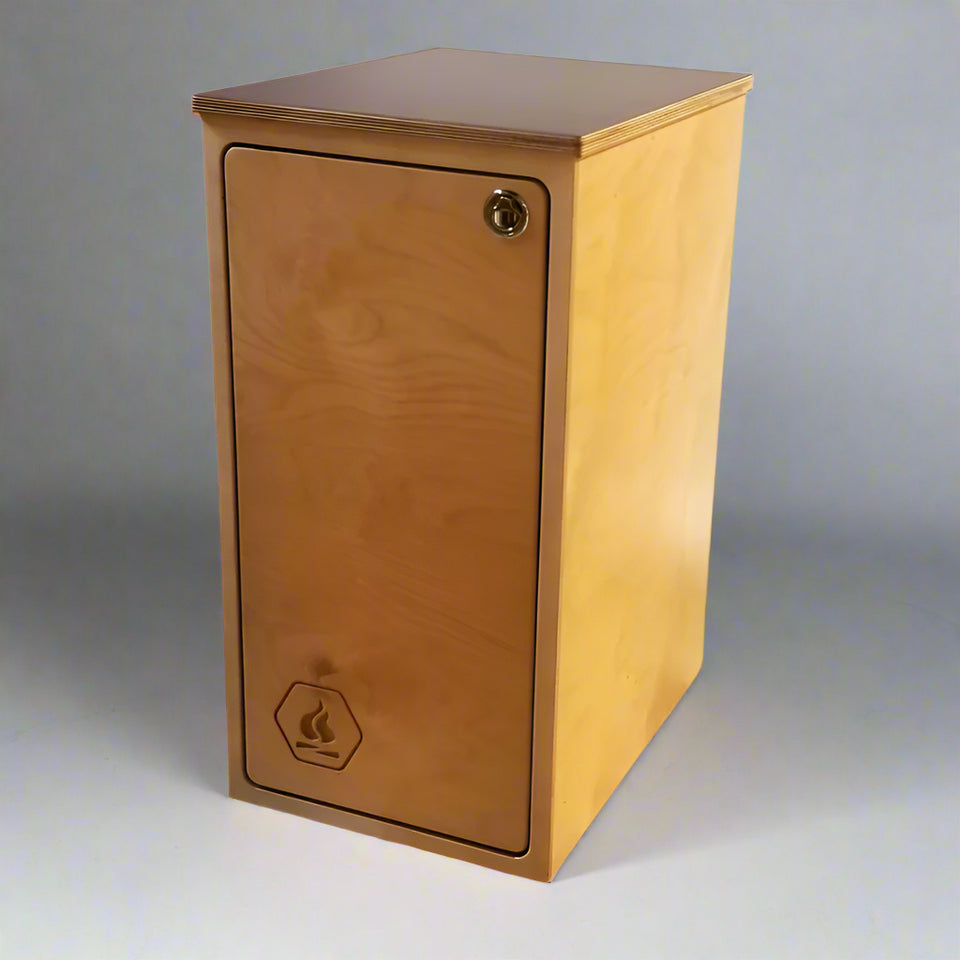 Side view of a modular single base cabinet with locking storage door for camper van and RV conversions by Overland Interiors.