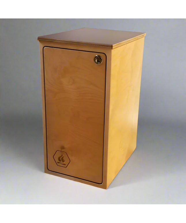 Side view of a modular single base cabinet with locking storage door for camper van and RV conversions by Overland Interiors.