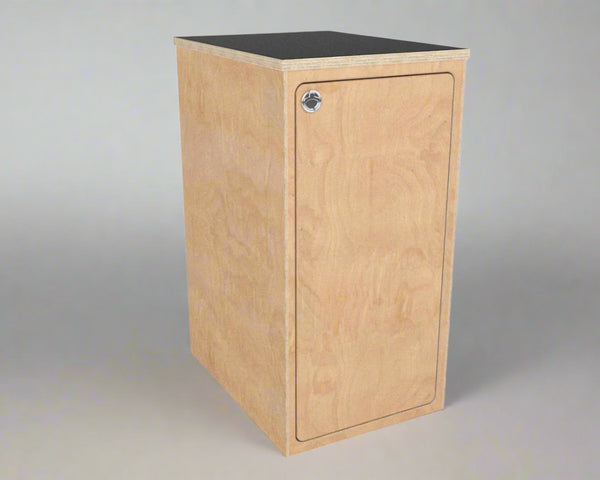 Modular single base cabinet for camper vans and RV conversions with integrated storage and locking door by Overland Interiors.