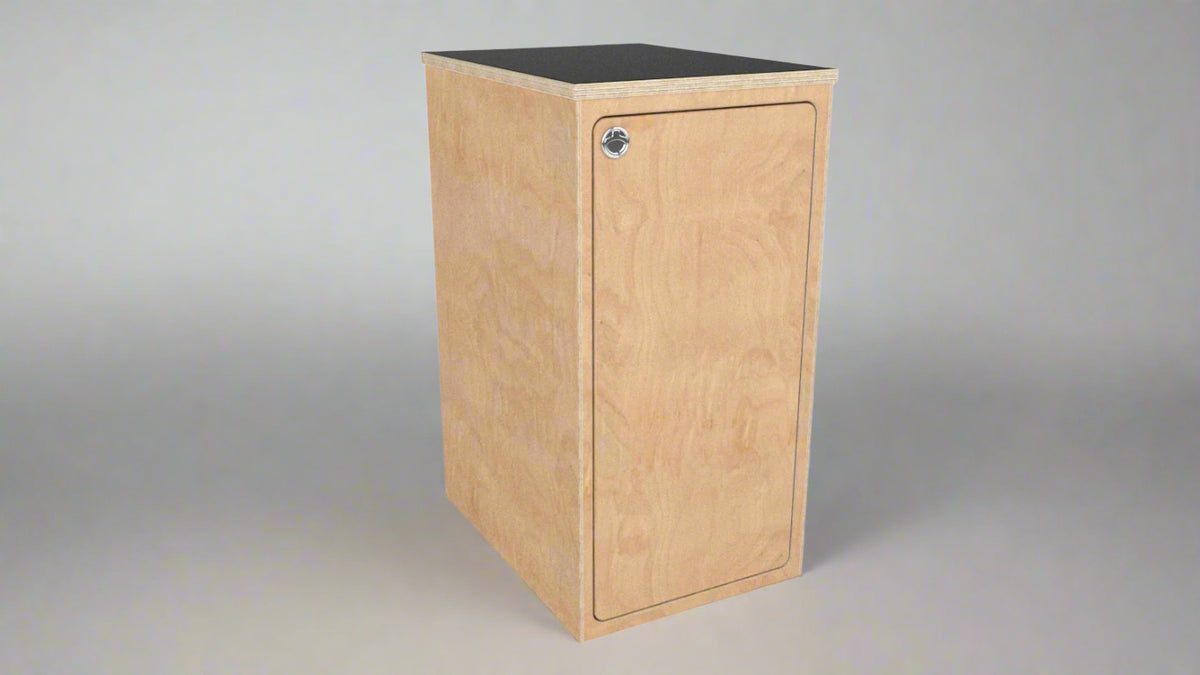 Modular single base cabinet for camper vans and RV conversions with integrated storage and locking door by Overland Interiors.