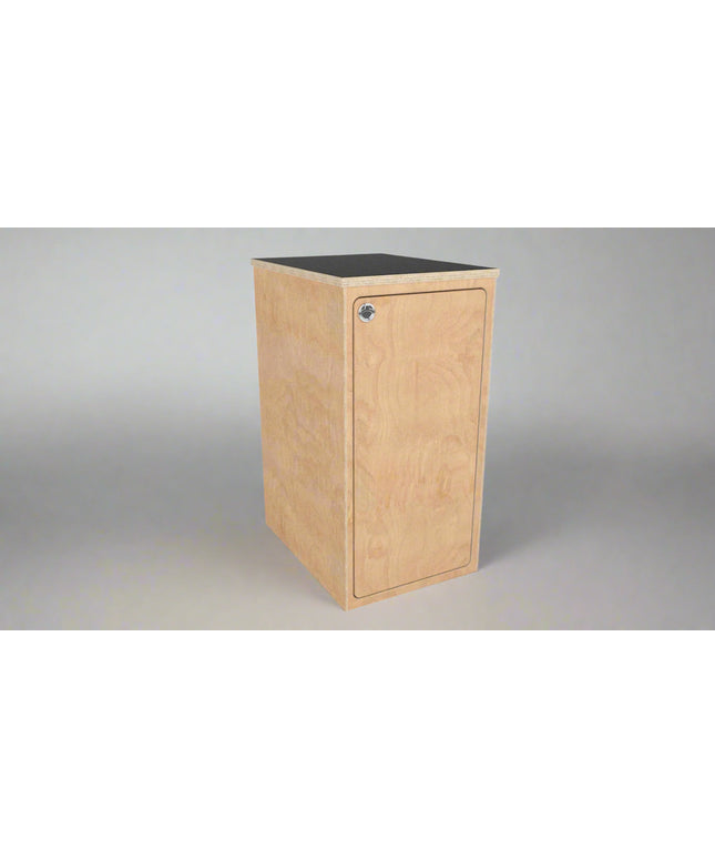 Modular single base cabinet for camper vans and RV conversions with integrated storage and locking door by Overland Interiors.