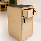 Overland Interiors One+One Base Cabinet with upper dovetail drawer open, showing premium birch plywood construction.