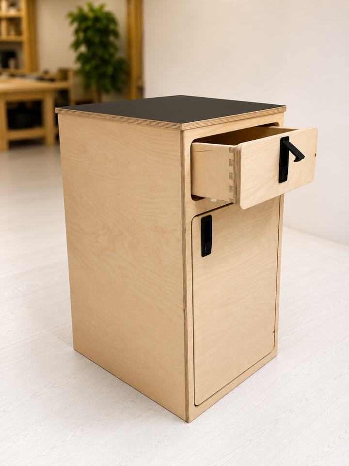 Overland Interiors One+One Base Cabinet with upper dovetail drawer open, showing premium birch plywood construction.